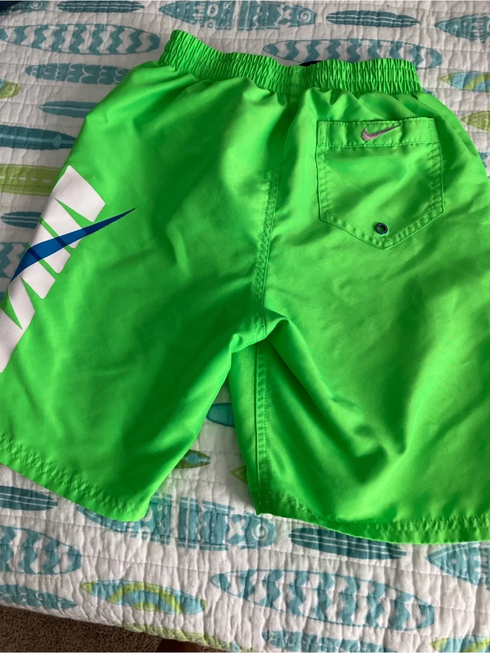 Nike Bright Green Boys' Swim Trunks with Blue Swoosh